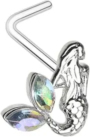 [Pierced Owl] 20GA 316L Stainless Steel CZ Crystal Mermaid L-Bend Nose Stud, 20ga, Metal, cubic zirconia