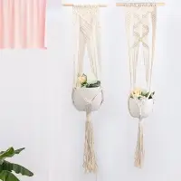 在飛比找樂天市場購物網優惠-花盆 歐式棉繩帶木棍花盆網兜 波西亞手工編織吊籃多色吊繩