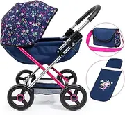 Bayer Design Dolls: Pram Cosy - Blue, Pink, Hearts - Includes Blanket & Shoulder Bag, Fits Dolls Up to 18", Features Soft Handle, Two Color Frame, Big Wheels for Easy Swiveling, Ages 3+