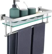 Bathroom Glass Shelf with Double Towel Bar, Tempered Glass Bathroom Shelf Wall M