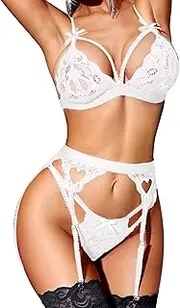 [RSLOVE] Women Lingerie Sets with Garter Belt 3 Piece Lace Teddy Babydoll Bodysuit