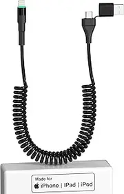 Coiled USB-A/USB-C to Lightning Cable, 2-in-1 Coiled Apple Carplay Cable [Mfi Certified], Short USB to Lightning Cable with Data Transmission and LED, Retractable iPhone Charger Cord