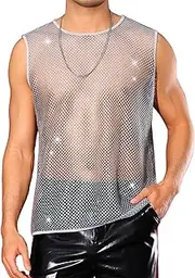 [Lars Amadeus] Sheer Tank Top for Men's See Through Sleeveless Party Clubwear Shiny Mesh Vest