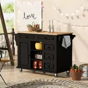 Kitchen Island Cart on Wheels Spice & Towel Rack Open Shelf Drawer Cabinet Black