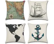 4 Pack Decorative and Comfy Water Adventure and Geographical Printed Throw Pillow Covers