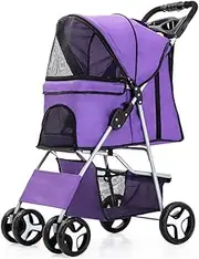 Pet Stroller Dogs Cats Strolling Cart Folding Travel Carrier Waterproof Puppy Stroller with Large Storage Basket (Purple 1)