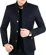 [Gsywaipei] Mens Stand Collar Trench Coat Single Breasted Wool Blend Pea Coats Casual Slim Fit Button Business Overcoat