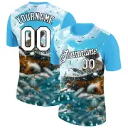 Custom Sky Blue White-Black 3D Pattern Design Fisherman Catching Fish Performanc