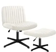 ALFORDSON Ergonomic Armless Criss-Cross Desk Chair with Ottoman Stool, Channel-Tufted Mid-Back Design, Height & Tilt Adjust, Swivel, 180kg Max, Xavi Boucle White Office Chair