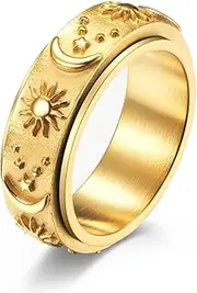 [MOROYA] 14K Gold Plated Anti Anxiety Ring for Women Men Sun Star Moon Stainless Steel Fidget Ring Gold Spinner Ring Band with Black Box Packed