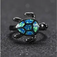 在飛比找蝦皮購物優惠-黑金填充藍色火蛋白石訂婚動物龜戒指首飾