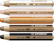 STABILO Multi-talented Pencil woody 3-in-1 - Warm Neutral Box of 5 - White, Light Flesh, Orange, Brown & Black + Sharpener