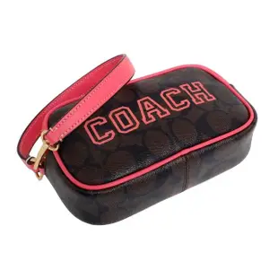 【COACH】PVC Logo貼字立體方型手提包(深咖桃邊/小款)