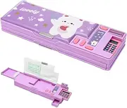 Pop Up Pencil Case, Cartoon Pencil Cases with Compartment Multifunctional Pen Box Organizer Stationery with Calculator Sharpener, Schedule, Schedule for Kids Teens, Purple, Cute