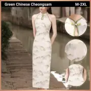 Women Silk Hemp Qipao Dress Cheongsam Sleeveless Chinese Green Hill Painting AU