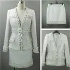 Womens Designer Flower Pearl Beaded Tweed Jacket Blazer+Skirt Evening 2Pcs Suits