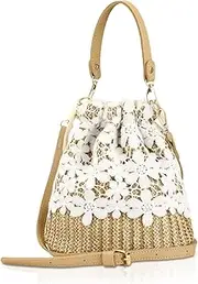 [FENBEN] Bamboo Handbag, Beach Purse Bag Half Moon Bag, Straw Lace Woven Travel Sling Bag Shoulder Crossbody Bag for Women
