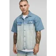 Mens Stonewash 3/4 Sleeve Boxy Stone Washed Panelled Denim Shirt