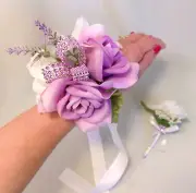 Prom Wedding Wrist Corsage Men's Corsage Lavender White 2 Piece NEW FROM USA