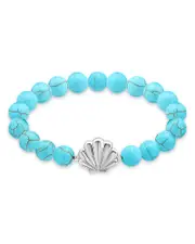 Aqua Clam Shell Charm Gemstone Beaded Stretch Bracelet in Sterling Silver - Exclusive