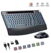 Wireless Keyboard Mouse Combo with Wrist Rest, RGB Backlit, Silent Rechargeable