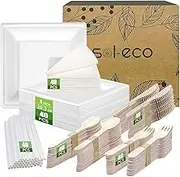 Biodegradable Disposable Paper Plates & Cutlery Set – 240 Piece Sugarcane Bagasse Tableware – Compostable, Leak-Proof, Sturdy for BBQ, Picnics, Camping, Parties – Serves 40 Guests – Sustainable Dining