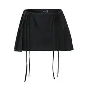 Low Waist Plain Pleated Drawstring Mini A-Line Skirt Black - L