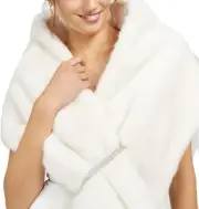 Adrianna Papell Womens Faux Fur Shawl Wrap Shrug Ivory Onesize