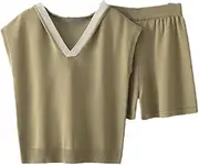 [HEYDHSDC] Women'S Hooded Short Sleeve Sweatshirt And Shorts Suits Sweaters Set And Harem Pants Knit Tracksuit