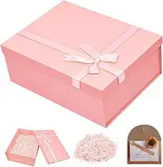 Pink Bow Gift Box with Lid for Presents, Cardboard Box with Crinkle Cut Paper Shred Filler and Greeting Card for Bridesmaid Proposal Christmas, Father's Day, Weddings, Birthdays, Mother's Day, Graduations,Engagements, Valentine's Day