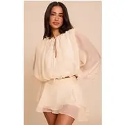 Petite Cream Floaty Organza Balloon Sleeve Long Top, Cream