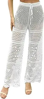 [FEOYA] Women's Bikini Cover Up Trousers Transparent Mesh Beach Trousers Crochet Knitted Long Trousers High Waist Elastic Beach Bottom, White, M