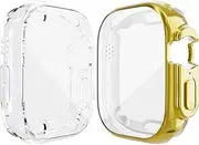 2-Pack Soft Cases Compatible for Apple Watch Ultra 49mm with TPU Clear Screen Protector All Around Protective Case HD Clear Ultra-Thin Cover For iWatch Ultra - Gold + Transparente