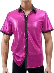 FEOYA Mens Shiny Sequin Shirt Short Sleeve Button Down Metallic Shirts Sparkly Glitter Top Fancy Dress Shirts Disco Suit for Party Dance Nightclub S-XXL