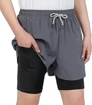 LAUSONS Boys Shorts 2 in 1 Kids Running Shorts Lightweight Quick Drying School PE Sport Gym Training Shorts with Pockets