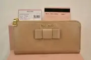 NIB MIU MIU PRADA CAMMEO DISTRESSED LEATHER BOW ZIP LOGO CONTINENTAL WALLET