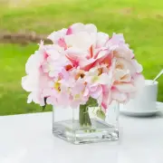 Artificial Silk Pink Hydrangea and Roses Mixed Fake Flowers Arrangement in Cube