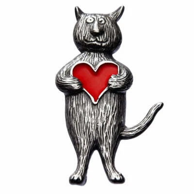 EDWARD GOREY SILVER JEWELRY - HEART CAT PIN / BROOCH - ENAMELED - VALENTINE