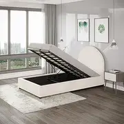 Boucle Bed Frame Gas Lift Storage Drawer Double Queen King Size Mattress Base (Cream White, Single)