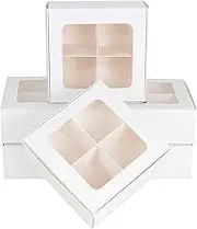 24-Pack Small Cookie Boxes for Packaging with Window and Dividers,6x6x2.4 Inches,Four Compartment Treat Box for Charcuterie, Brownies, and Small Treats for Gift Giving (White)