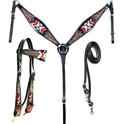western Leather Equestrian Tooled Beaded Headstall,Breast Collar & Reins. (H054)