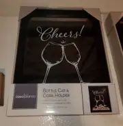 CASA BLANCO 'CHEERS' WINE GLASS BOTTLE CAP & CORK HOLDER BLACK WOOD & GLASS NIB