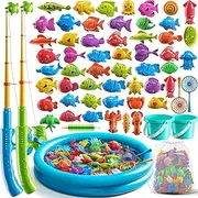 NIPLOOOW Pool Fishing Toys Games, Water Table Bathtub Toy with Inflatable Pool Pole Rod Net Plastic Floating Fish, Birthday Gifts for Kids Age 3 4 5 6 Year Old,Kids Outdoor Toys