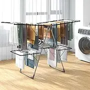 Giantex 2-Tier Clothes Drying Rack, Foldable Clothing Laundry Rack with 33 Drying Rails, Height Adjustable Gullwings, Sock Clips, Wave-Shaped Bars & Stainless Steel Legs, Indoor Outdoor Use