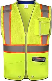 amoolo Safety Vest with 9 Pockets, Zipper and Padded Neck, High Visibility Reflective Vest, ANSI/ISEA Type R Class 2