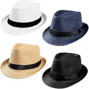 [Generic] 4 Pack Mens Fedora Hat Classic 1920s Hat Short Brim Fedora Hats Summer Beach Panama Hat for Men Women