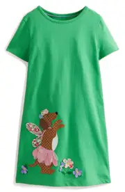 Mini Boden Kids' Appliqué Short Sleeve Jersey Dress in Pea Green/Vanilla Pod Dog at Nordstrom, Size 2-3Y