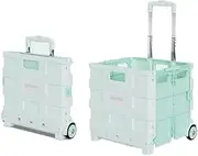 Folding Utility Cart Portable Rolling Crate Handcart Shopping Trolley Collapsible Tool Box, with Lid, on 4 Rotate Wheels, for Grocery, Shopping, Office, Camp (Two Rounds of Medium Dawn Green)