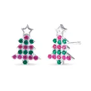 Christmas Tree Stud Earrings with Red and Green Cubic Zirconia in Sterling Silver