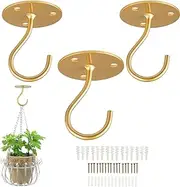 Ceiling Hooks for Hanging Plants-Metal Heavy Duty Wall Mounted Hangers for Hanging Bird Feeders, Planters, Wind Chimes, Include Professional Drywall Anchors (3-Pack) (Gold)